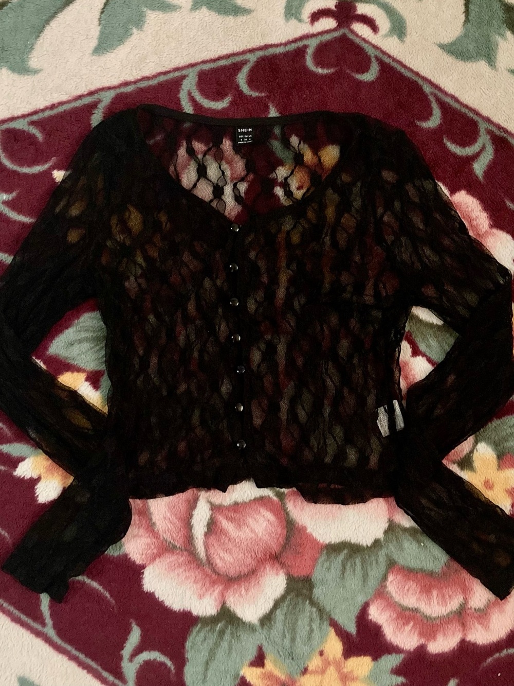 SHEIN Black sexy Sheer Lace Button-Down long sleeve mesh preloved blouse sm Top